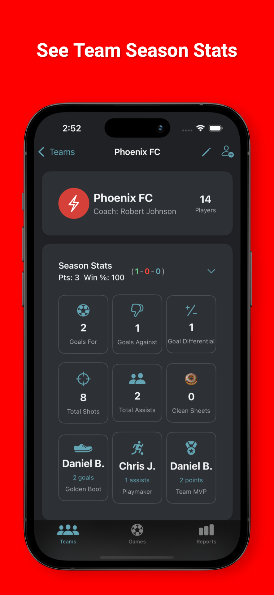 TeamSense App Player Stats Screen